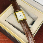 Cartier Tank Brown Leather Strap Black Dial Quartz Wrist Watch For Men’s