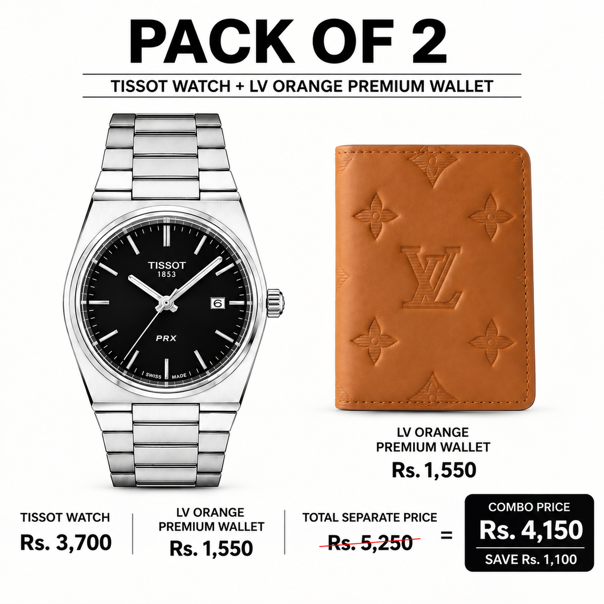 Tissot PRX Watch & LV Style Premium Leather Wallet Pack of 2 Combo