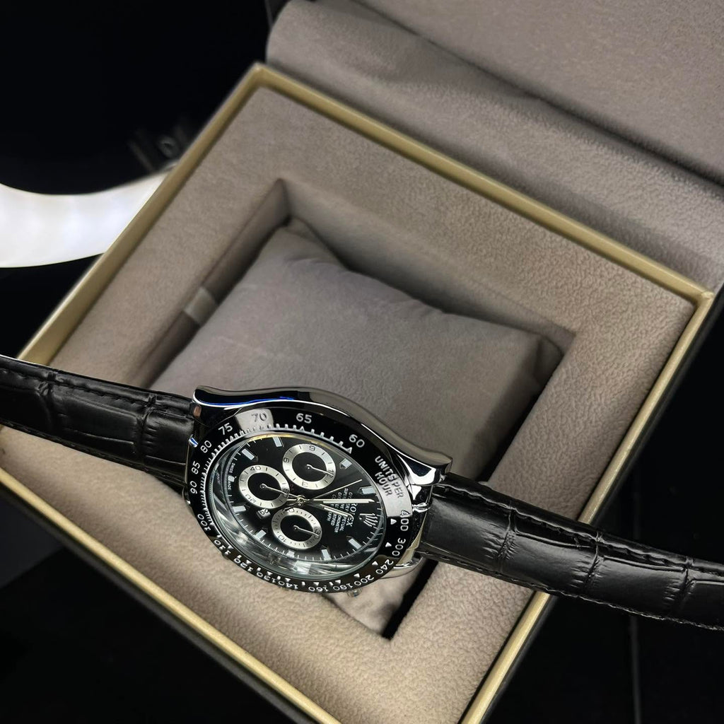 Rolex Men's Daytona Black Leather Strap Black Dial Watch