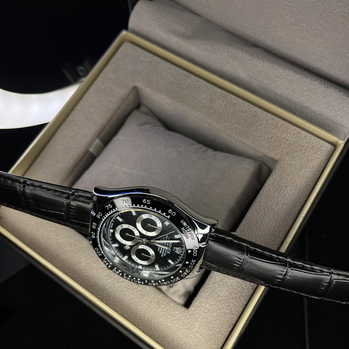 Rolex Men's Daytona Black Leather Strap Black Dial Watch