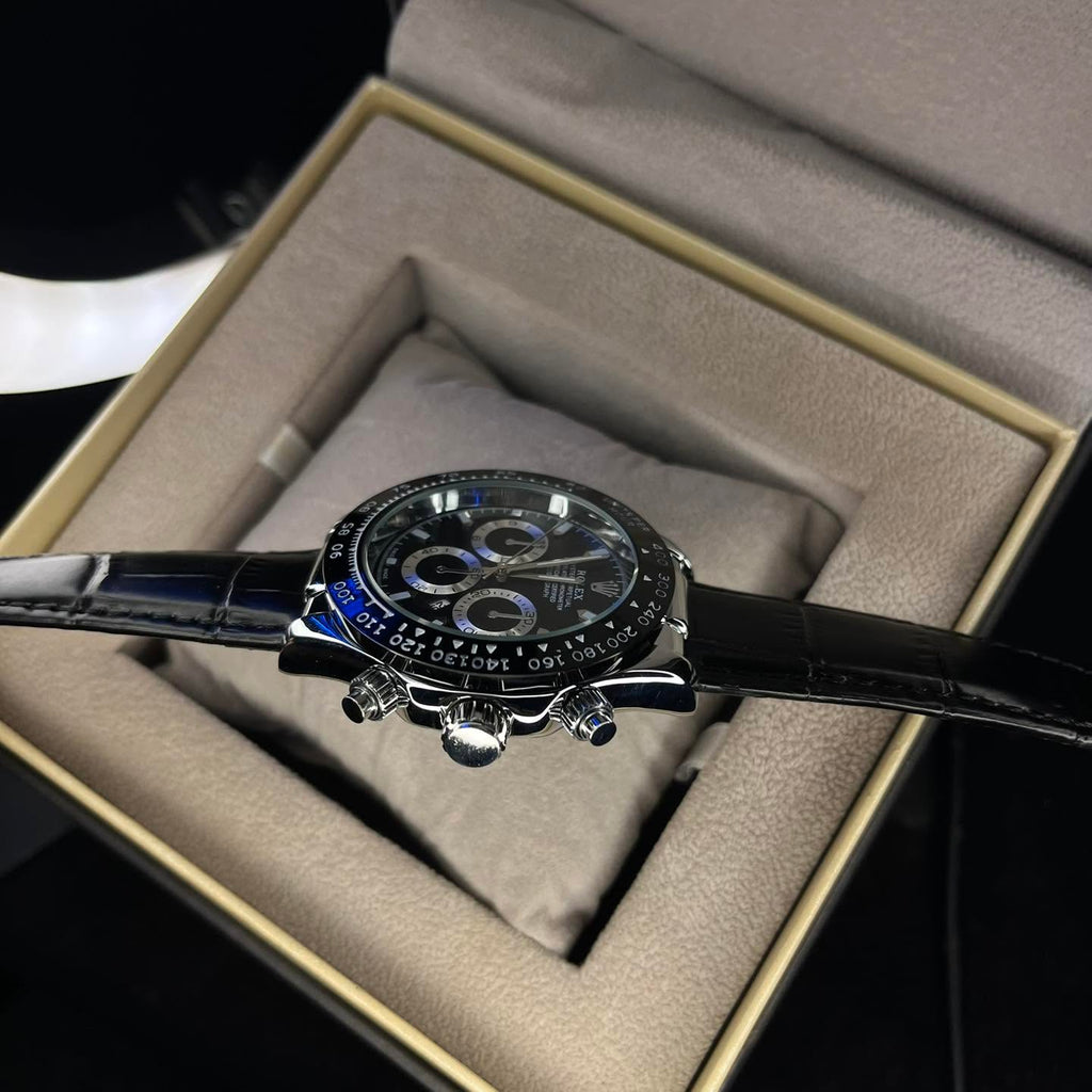 Rolex Men's Daytona Black Leather Strap Black Dial Watch