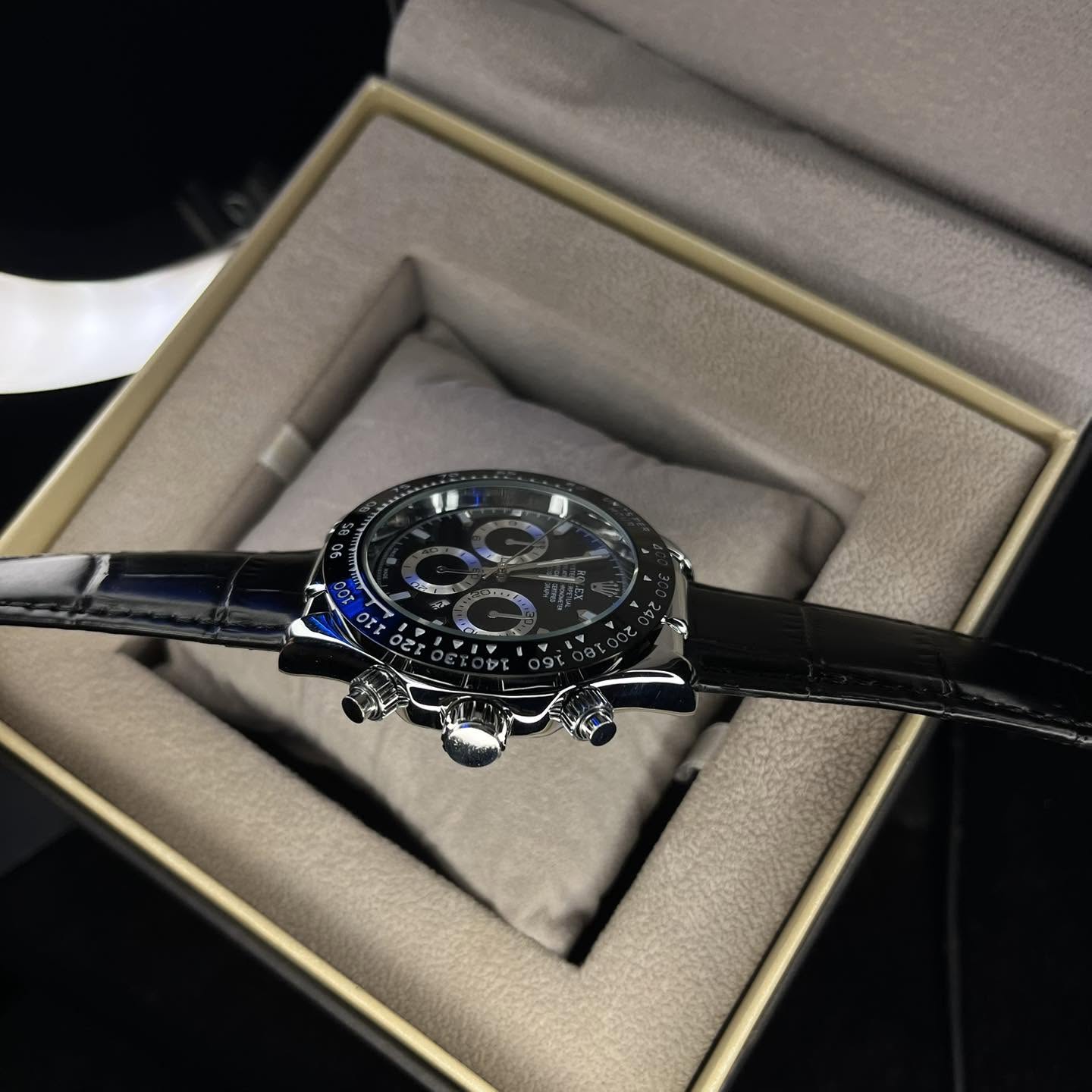 Rolex Men's Daytona Black Leather Strap Black Dial Watch