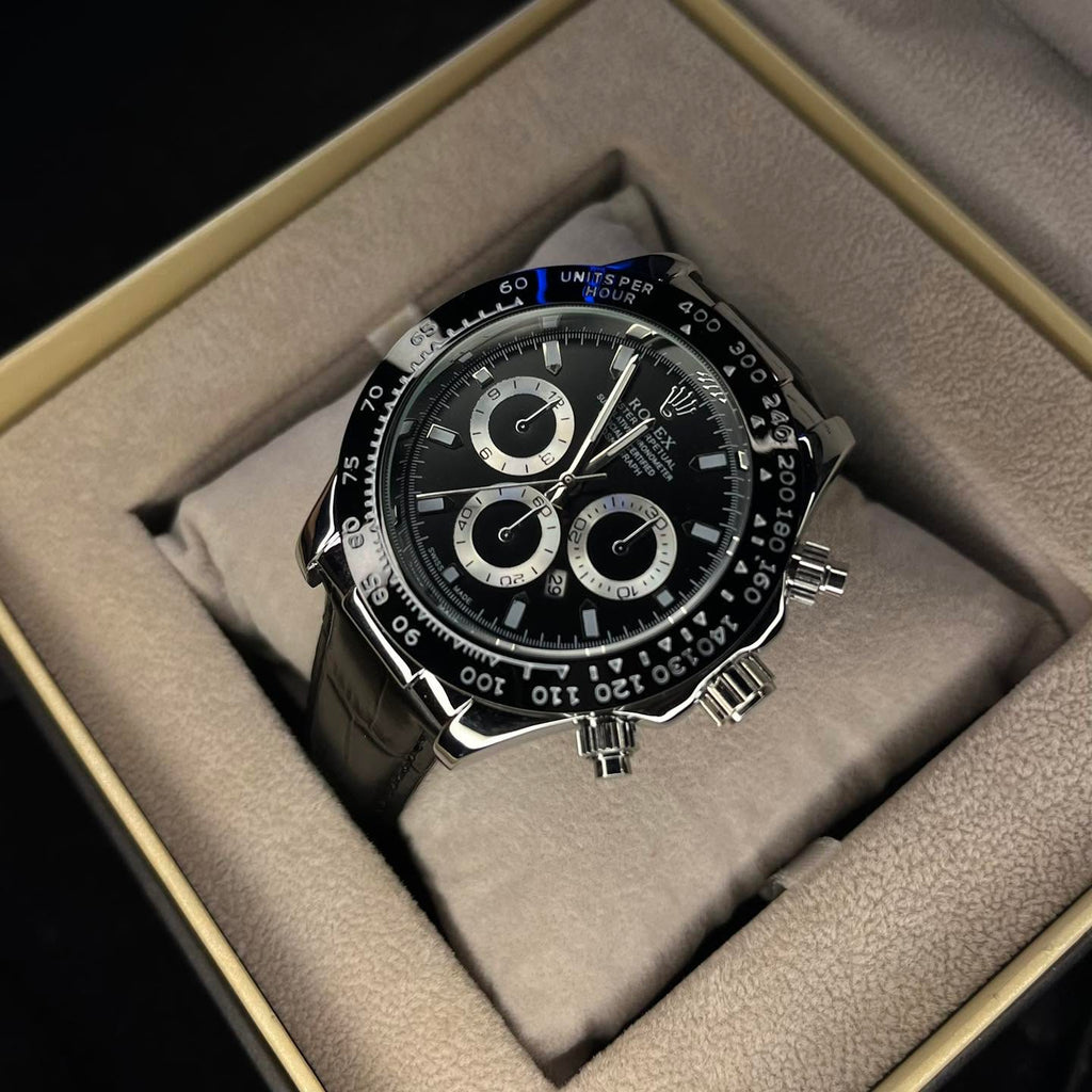Rolex Men's Daytona Black Leather Strap Black Dial Watch