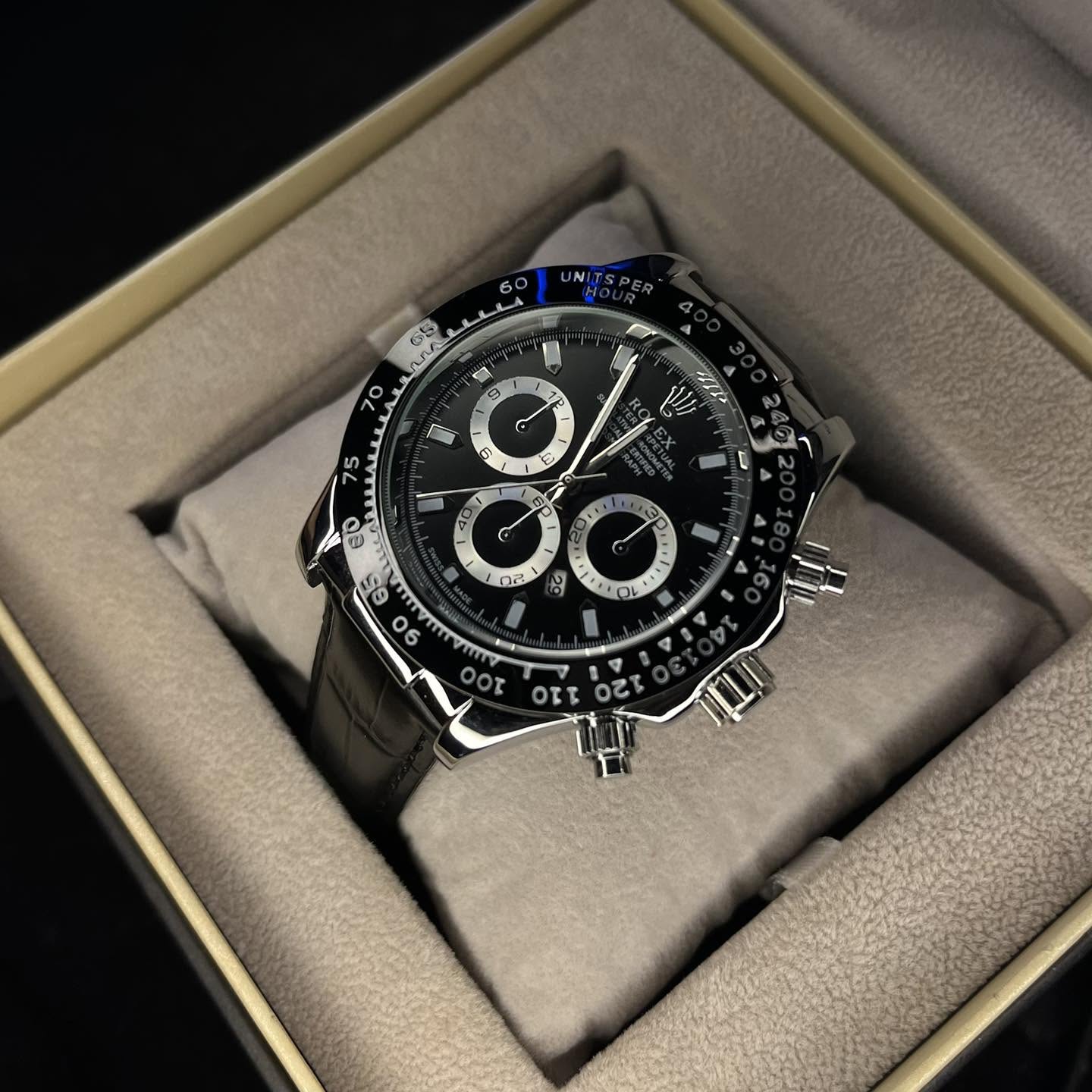 Rolex Men's Daytona Black Leather Strap Black Dial Watch