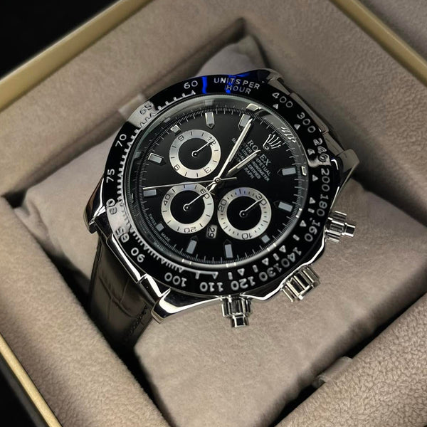 RLX Men's Daytona Black Leather Strap Black Dial Watch