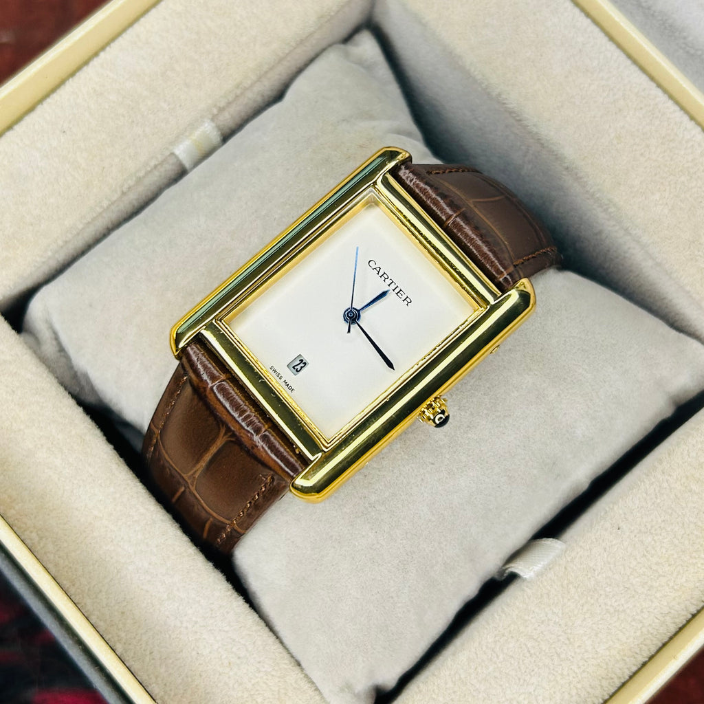 Cartier Tank Brown Leather Strap Black Dial Quartz Wrist Watch For Men’s