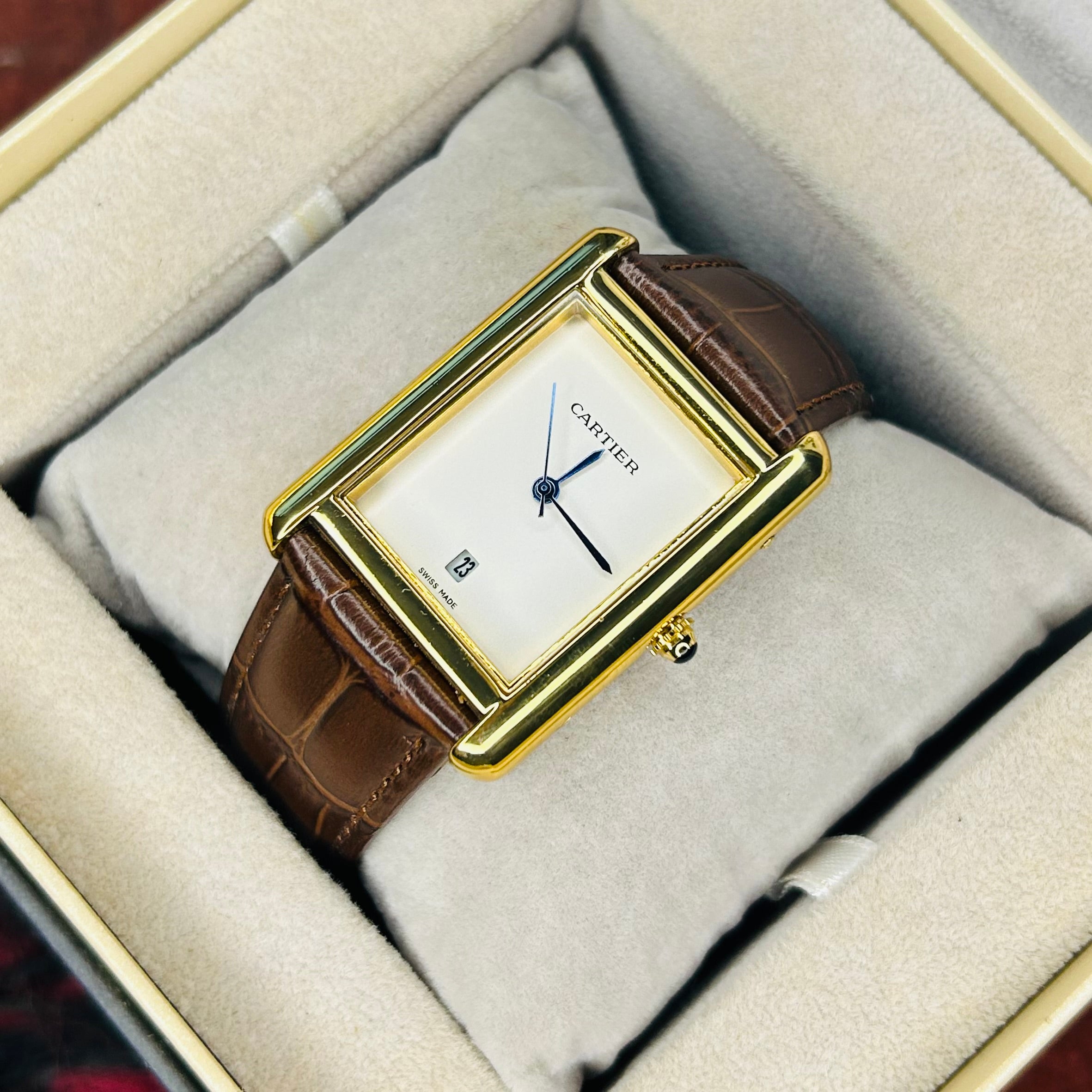Cartier Tank Brown Leather Strap Black Dial Quartz Wrist Watch For Men’s