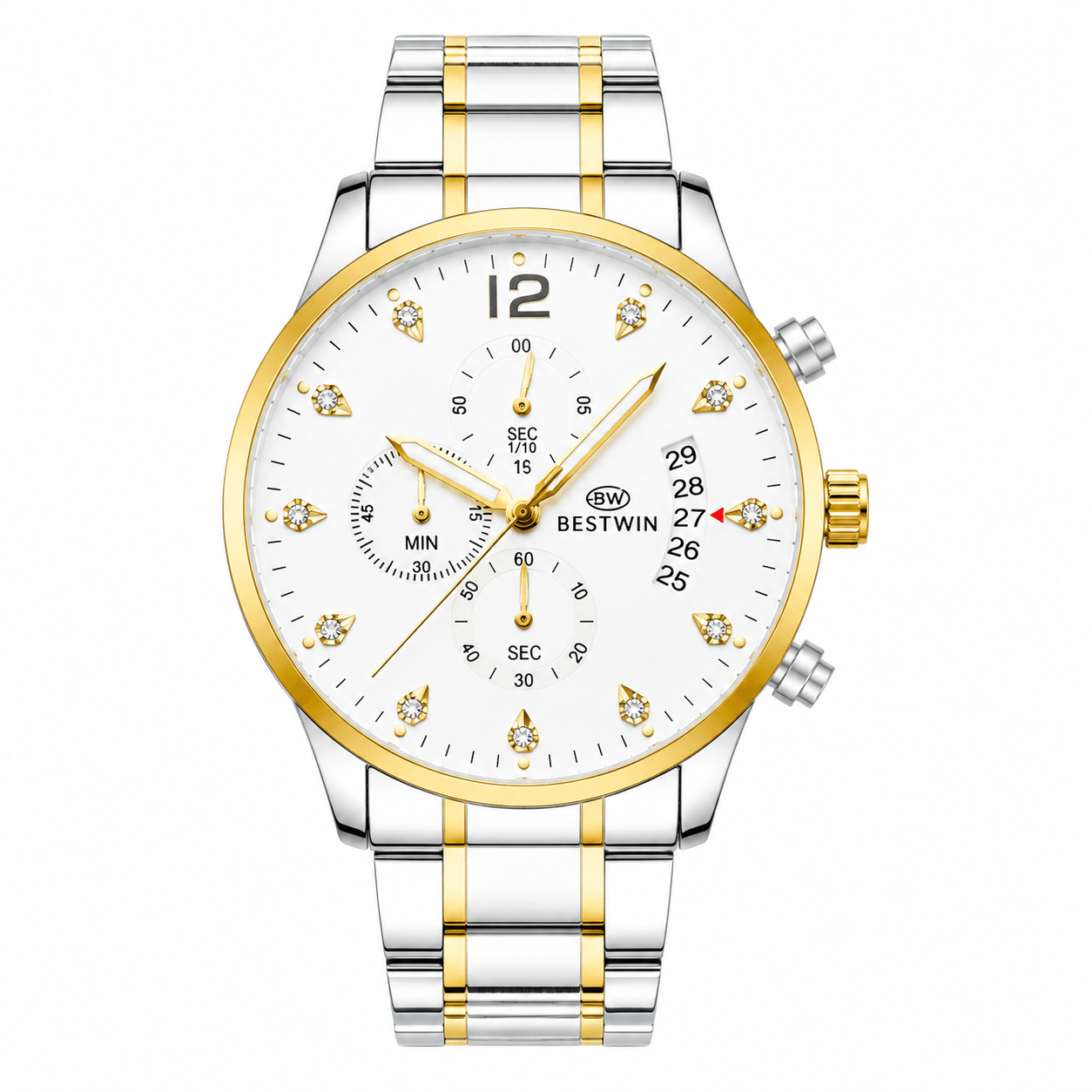BESTWIN Luxury Men's Chronograph Silver Stainless Steel Watch