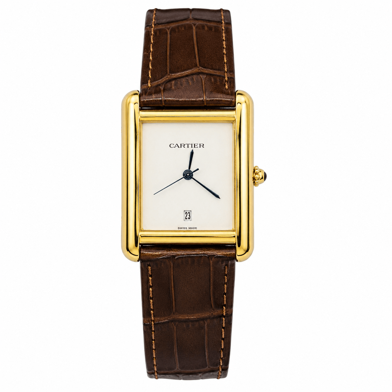 Cartier Tank Brown Leather Strap Black Dial Quartz Wrist Watch For Men’s
