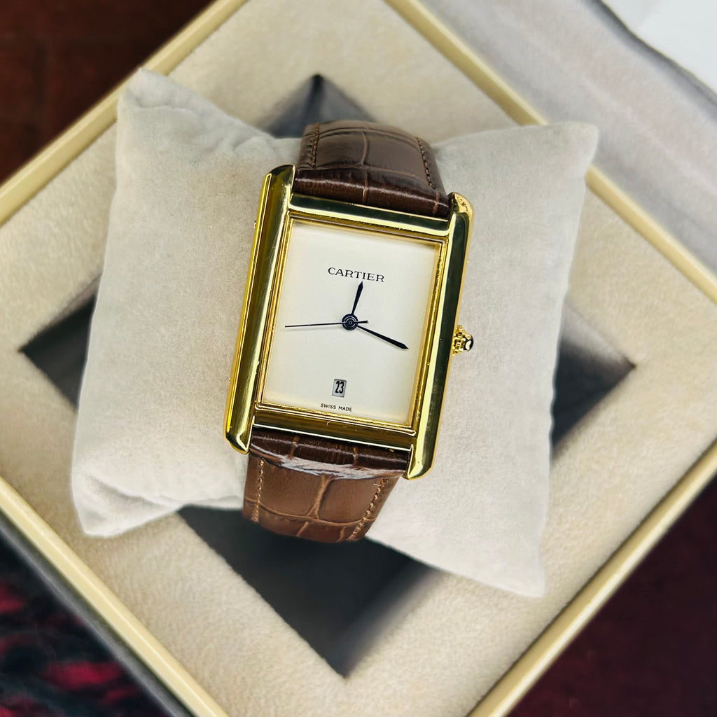 Cartier Tank Brown Leather Strap Black Dial Quartz Wrist Watch For Men’s