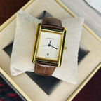 Cartier Tank Brown Leather Strap Black Dial Quartz Wrist Watch For Men’s