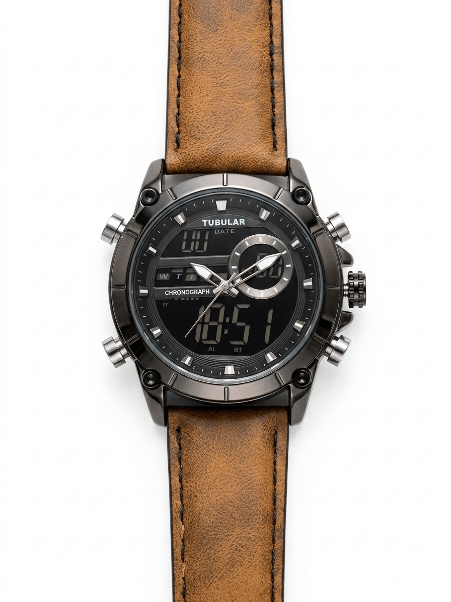 Tublar Men's Leather Strap Dual Time, Day & Date Display Watch