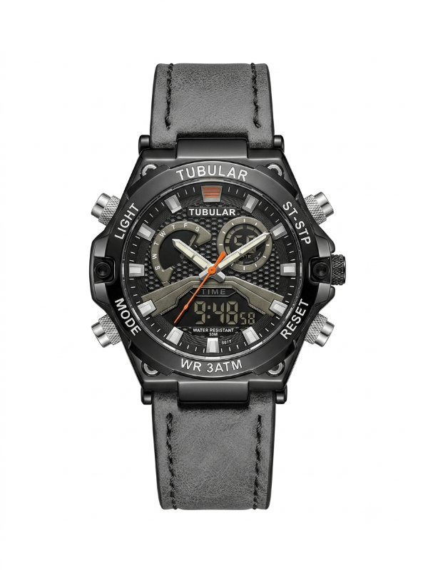 Tublar Men's Leather Strap Dual Time, Day & Date Display Watch