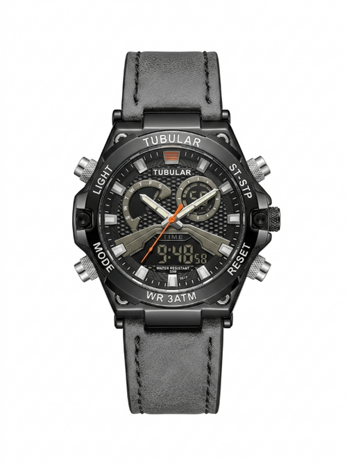 Tublar Men's Leather Strap Dual Time, Day & Date Display Watch