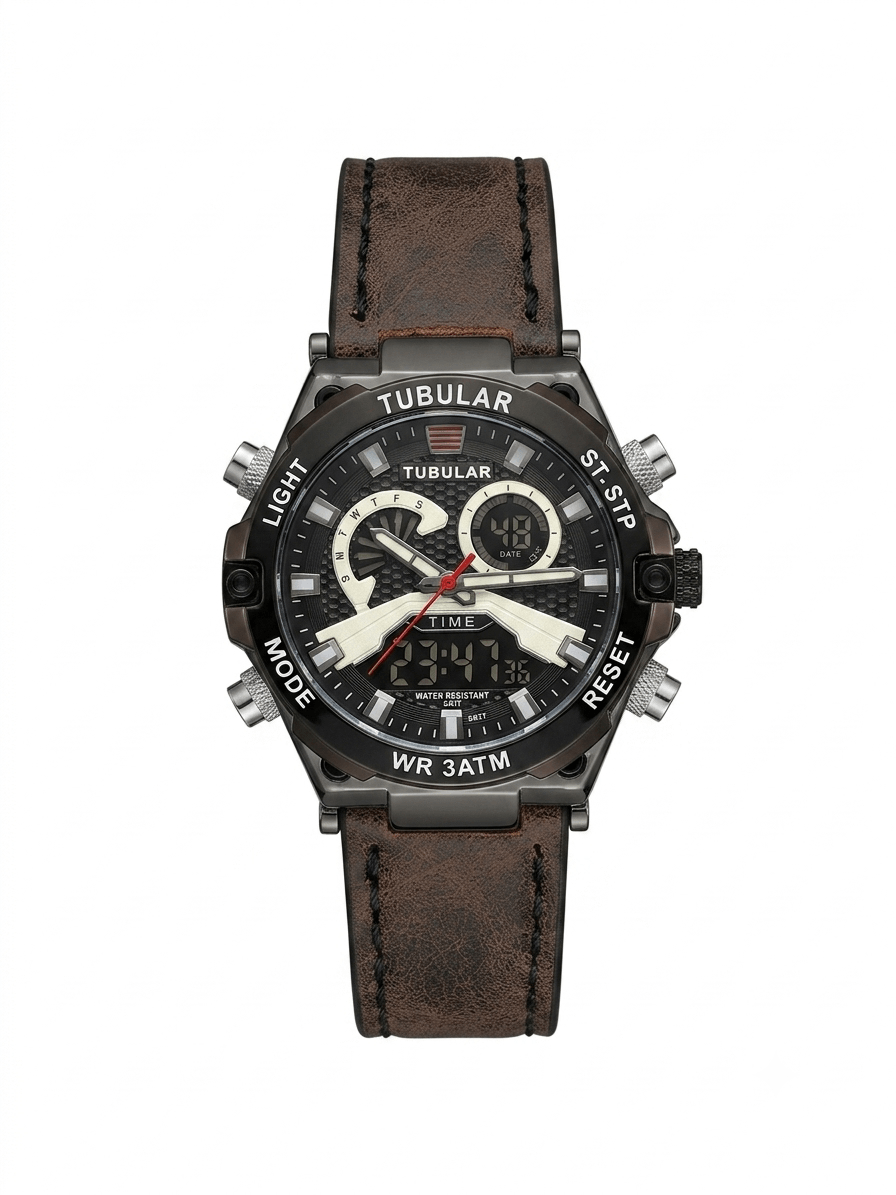 Tublar Men's Leather Strap Dual Time, Day & Date Display Watch