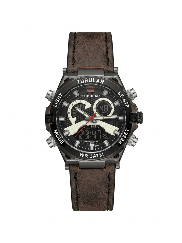 Tublar Men's Leather Strap Dual Time, Day & Date Display Watch