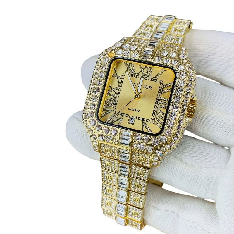 Cartier Iced Out Gold Watch with Square Dial and Gold Stainless Steel Strap
