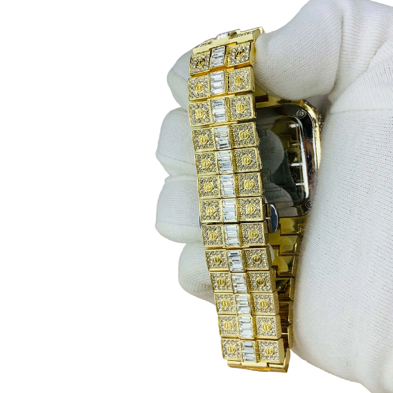 Cartier Iced Out Gold Watch with Square Dial and Gold Stainless Steel Strap