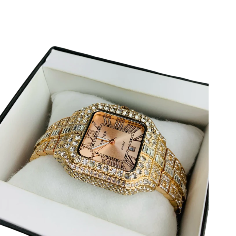Cartier Iced Out Watch for Men – Rose Gold Square Dial