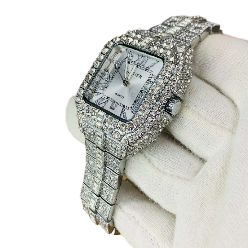Cartier Iced Out Watch for Men Silver Square Dial Stainless Steel Bracelet