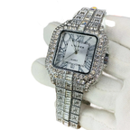 Cartier Iced Out Watch for Men Silver Square Dial Stainless Steel Bracelet