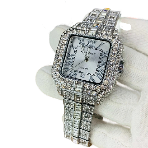 Cartier Iced Out Watch for Men Silver Square Dial Stainless Steel Bracelet