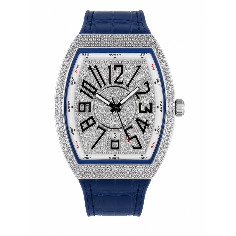 Franck Muller Silver Diamond Dial Blue Hybrid Strap Date Function Quartz Watch For Men