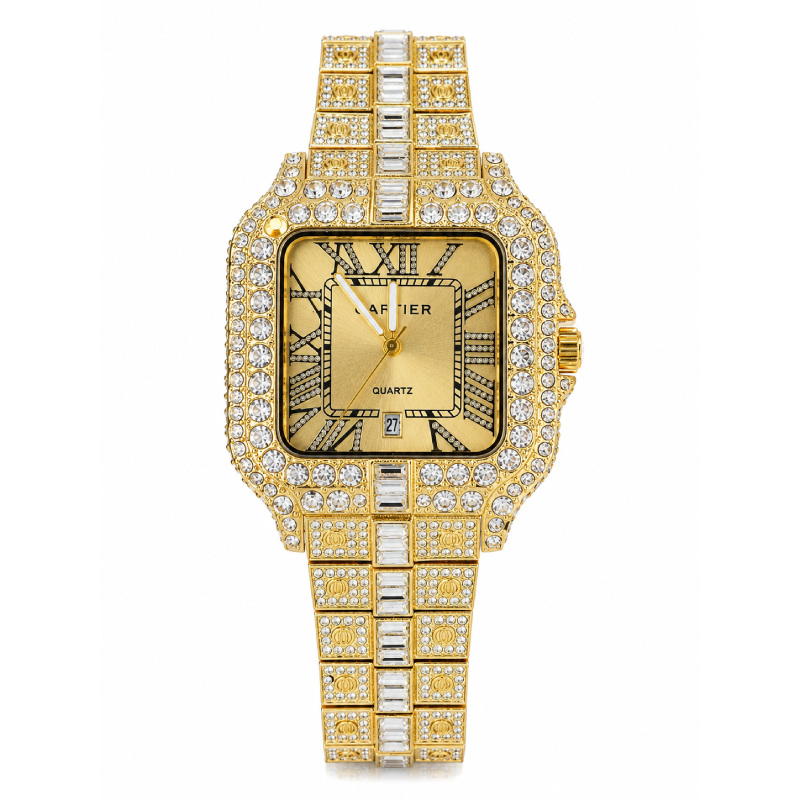 Cartier Iced Out Gold Watch with Square Dial and Gold Stainless Steel Strap