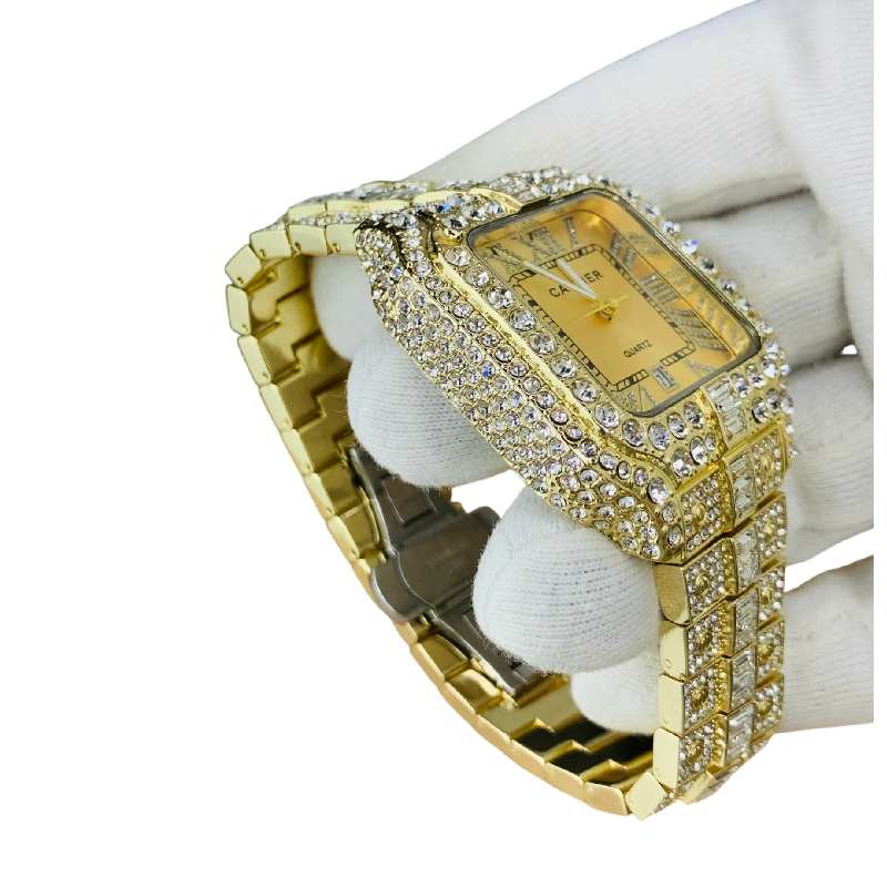 Cartier Iced Out Gold Watch with Square Dial and Gold Stainless Steel Strap