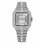 Cartier Iced Out Watch for Men Silver Square Dial Stainless Steel Bracelet