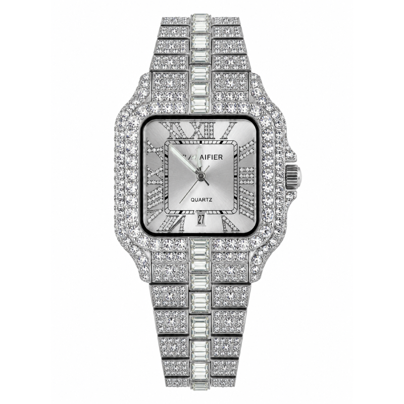 Cartier Iced Out Watch for Men Silver Square Dial Stainless Steel Bracelet