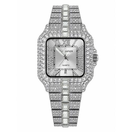 Cartier Iced Out Watch for Men Silver Square Dial Stainless Steel Bracelet