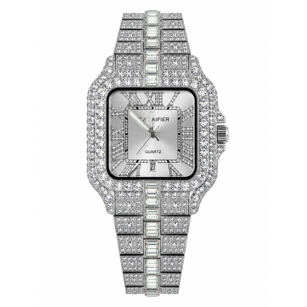 Cartier Iced Out Watch for Men Silver Square Dial Stainless Steel Bracelet