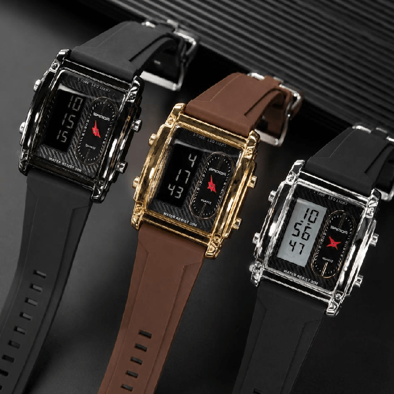 SANDA Men's Silicone Strap 3328 Dual Display Analog Digital, LED Backlight Watch