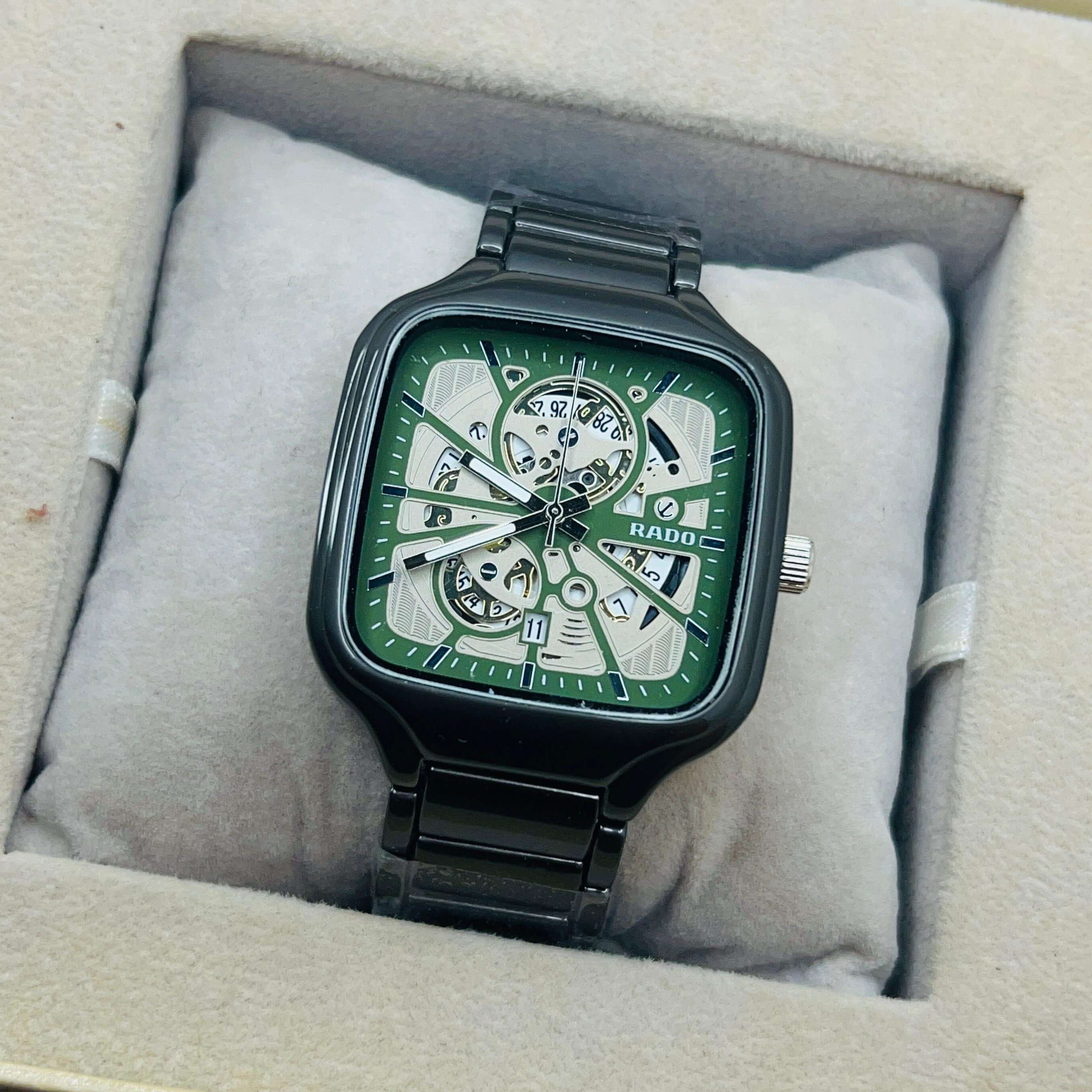 Rado Men's Skeleton Green Dial Grey Chain Watch