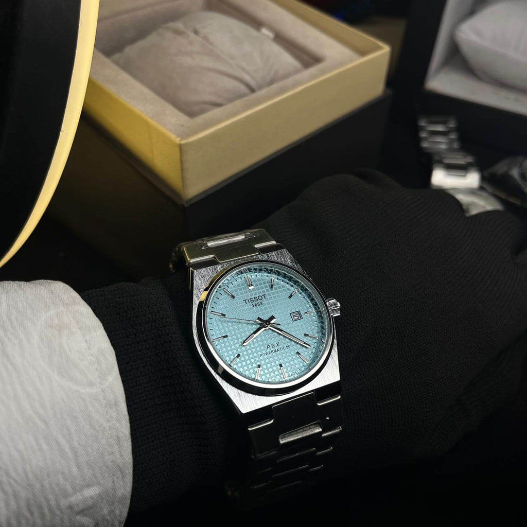 Tissot PRX Tiffany Blue Dial Silver Chain Date Function Quartz Watch For Men