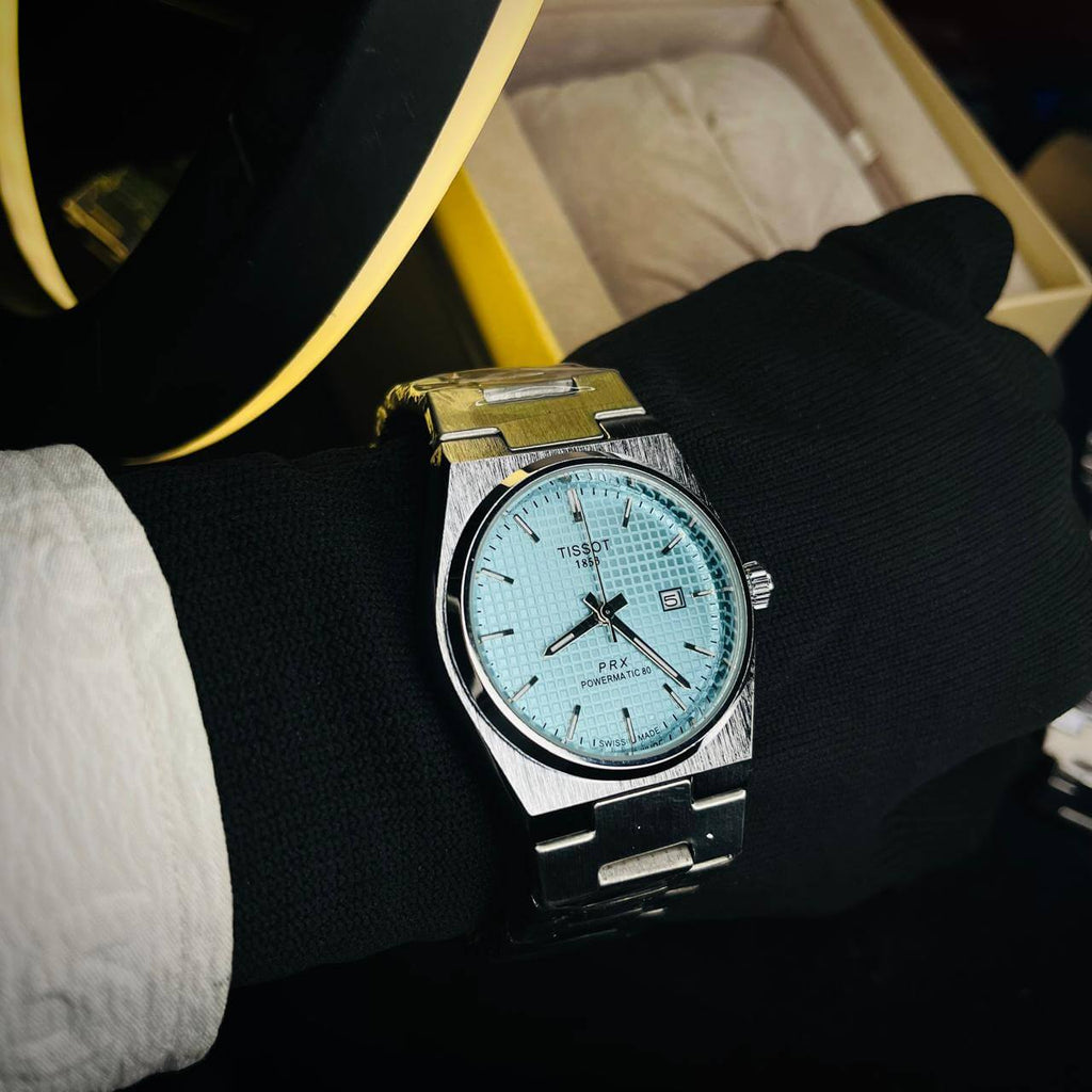 Tissot PRX Tiffany Blue Dial Silver Chain Date Function Quartz Watch For Men