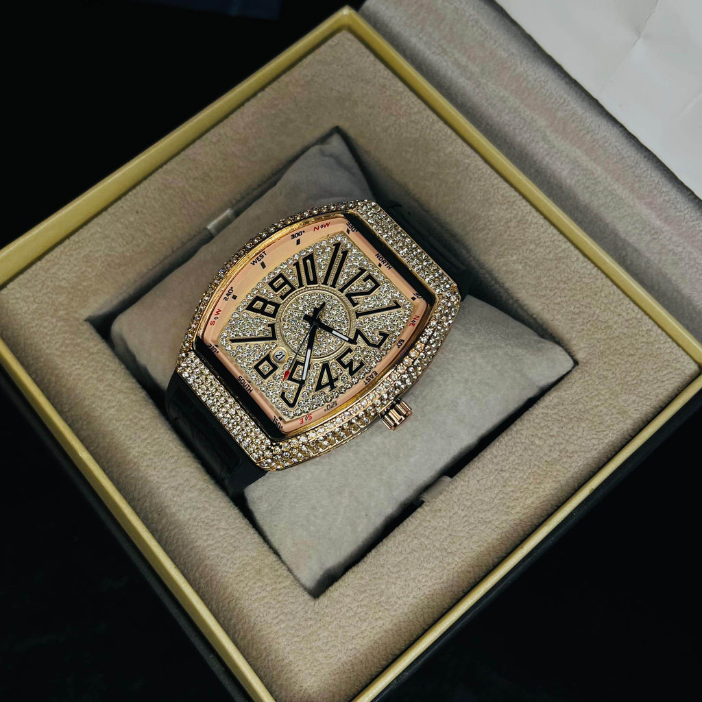 Franck Muller Rose Gold Diamond Dial Hybrid Strap Date Function Quartz Watch For Men