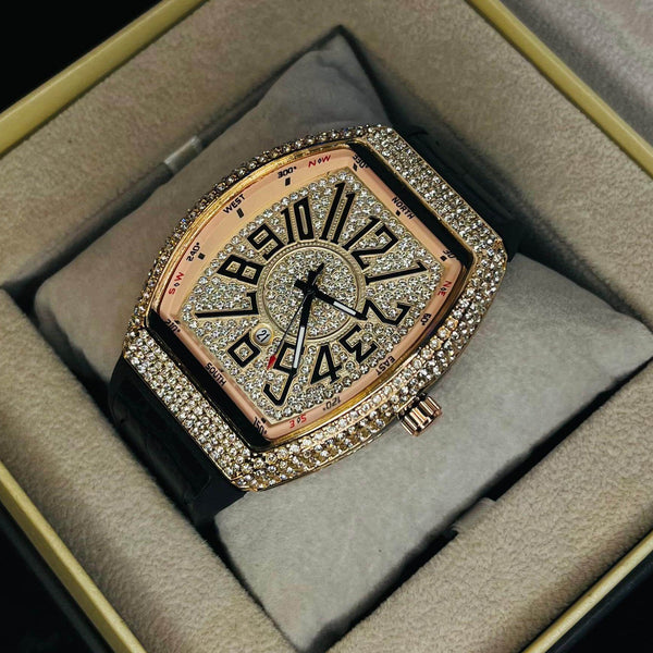 Franck Muller Rose Gold Diamond Dial Hybrid Strap Date Function Quartz Watch For Men