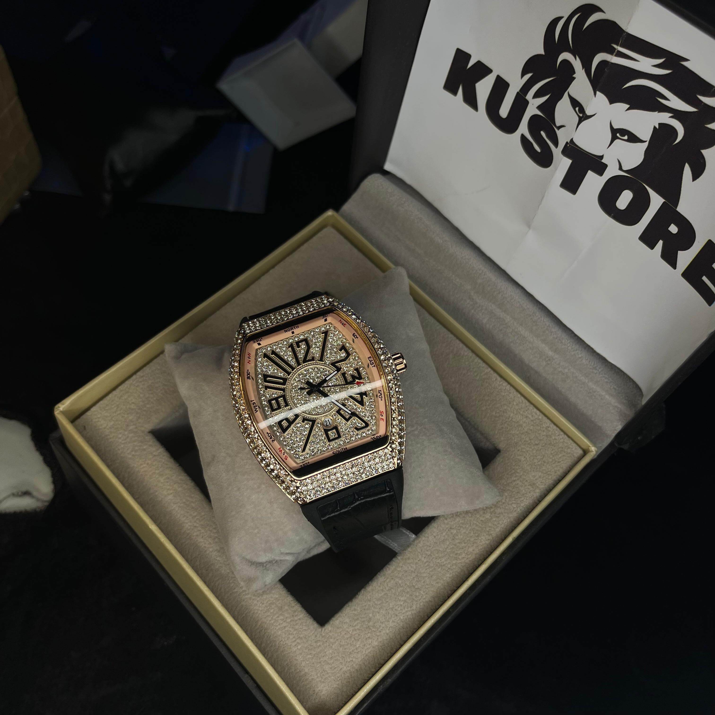Franck Muller Rose Gold Diamond Dial Hybrid Strap Date Function Quartz Watch For Men