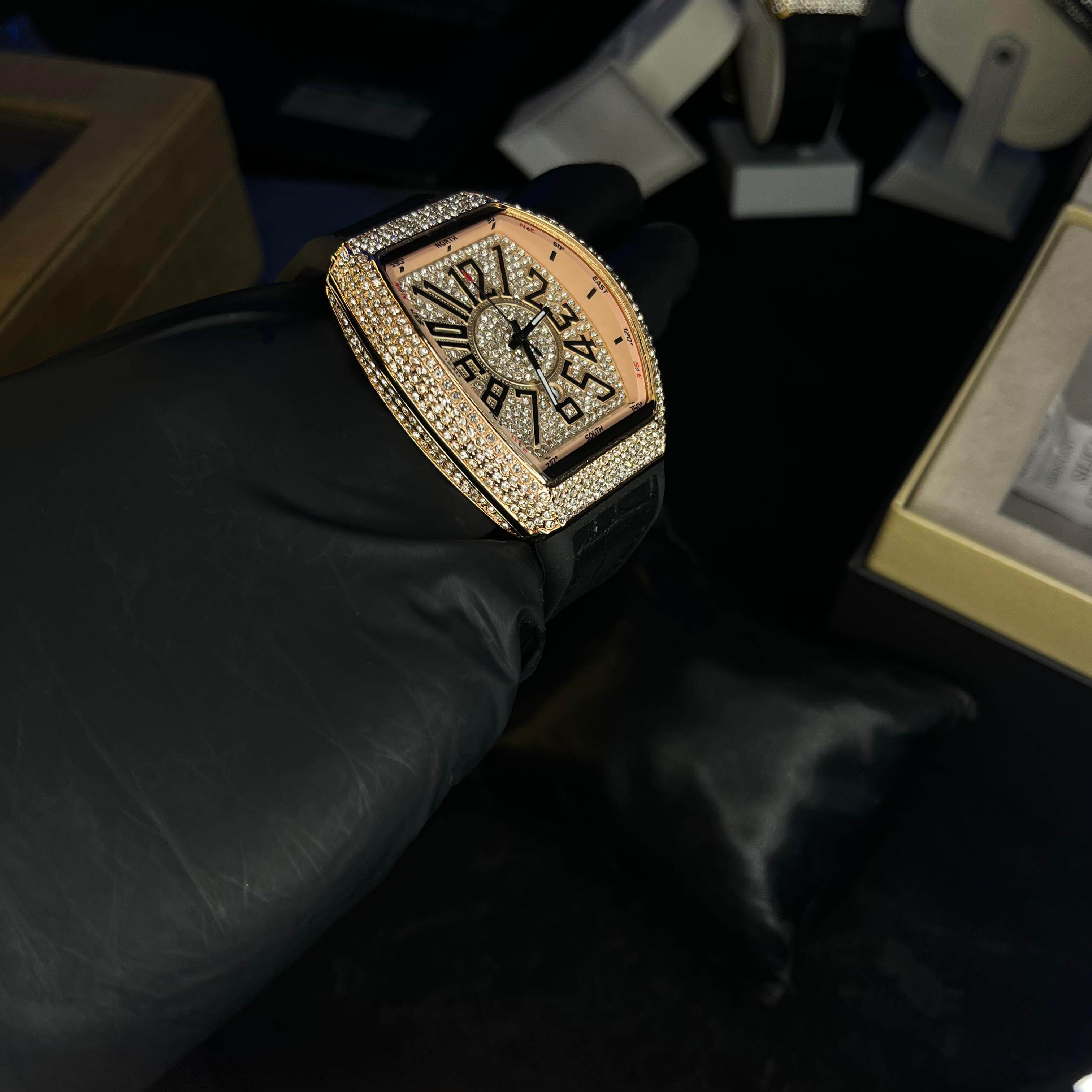 Franck Muller Rose Gold Diamond Dial Hybrid Strap Date Function Quartz Watch For Men