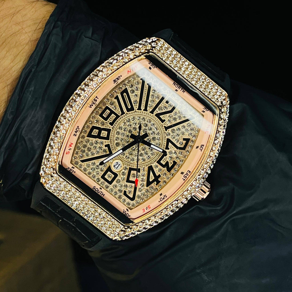 Franck Muller Rose Gold Diamond Dial Hybrid Strap Date Function Quartz Watch For Men
