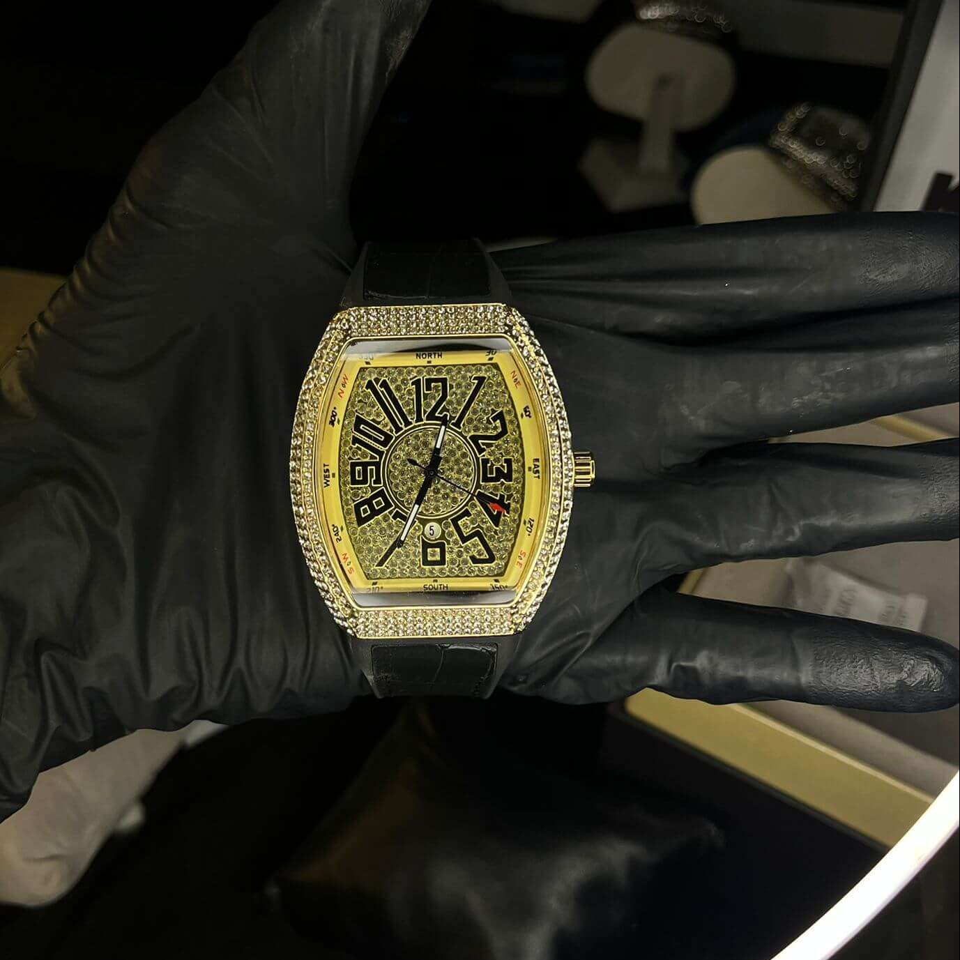 Franck Muller Gold Diamond Dial Black Hybrid Strap Date Function Quartz Watch For Men