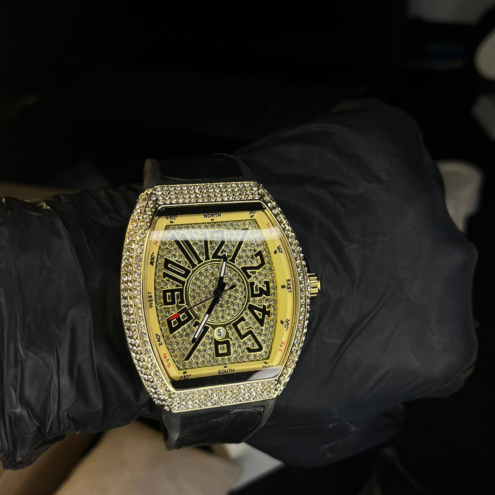 Franck Muller Gold Diamond Dial Black Hybrid Strap Date Function Quartz Watch For Men