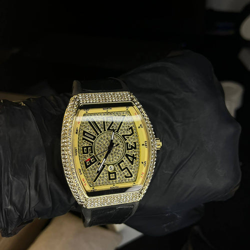 Franck Muller Gold Diamond Dial Black Hybrid Strap Date Function Quartz Watch For Men
