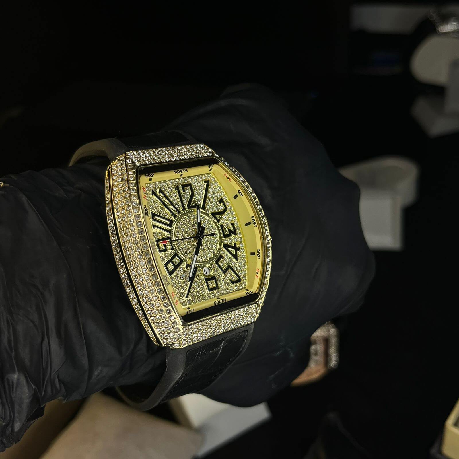 Franck Muller Gold Diamond Dial Black Hybrid Strap Date Function Quartz Watch For Men