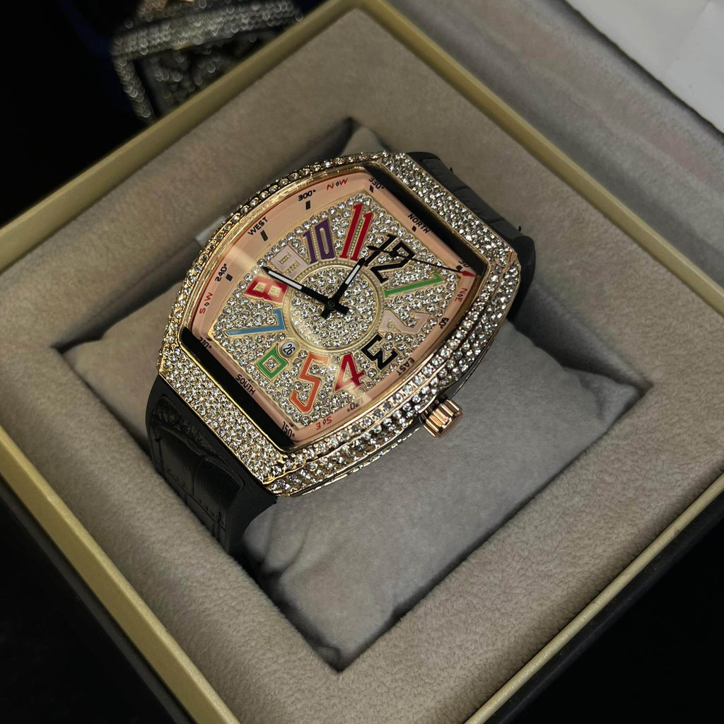 Franck Muller Multi Color Diamond Dial Black Hybrid Strap Date Function Quartz Watch For Men