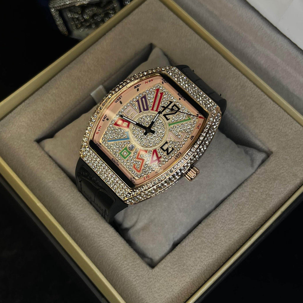 Franck Muller Multi Color Diamond Dial Black Hybrid Strap Date Function Quartz Watch For Men