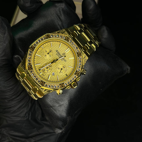 Audemars Piguet Royal Oak Gold Dial Diamond Bezel Gold Chain Date Function Quartz Watch For Men