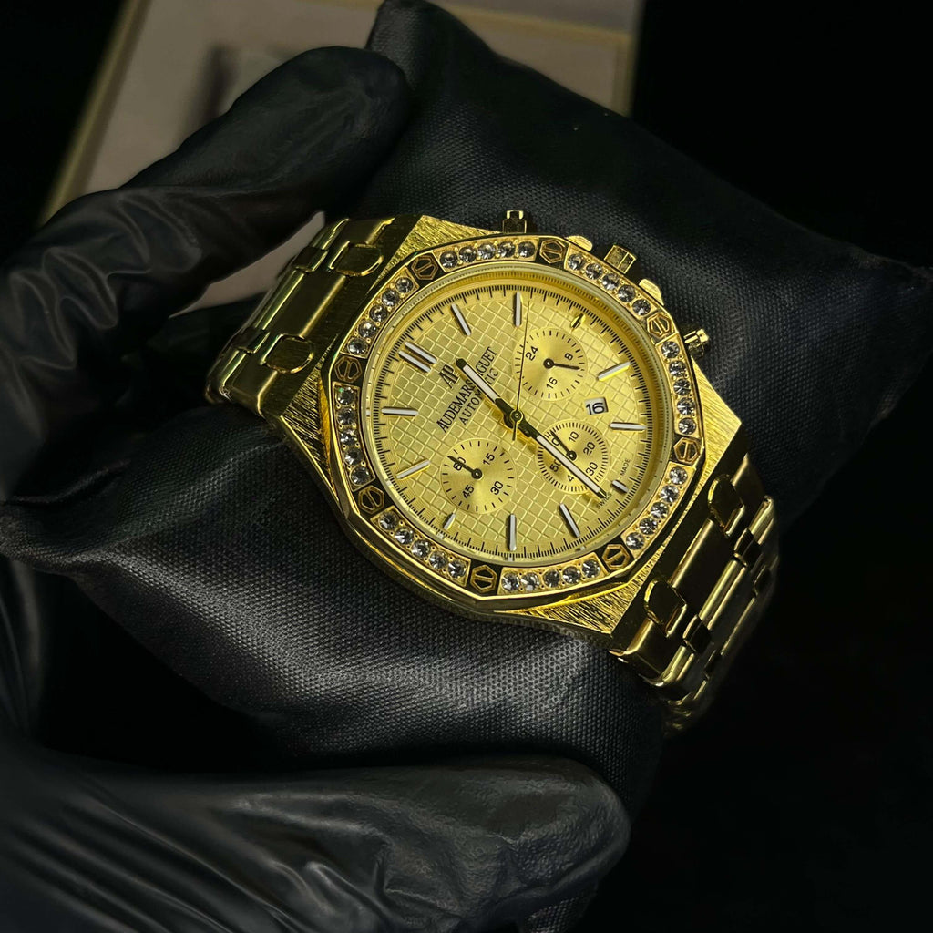 Audemars Piguet Royal Oak Gold Dial Diamond Bezel Gold Chain Date Function Quartz Watch For Men